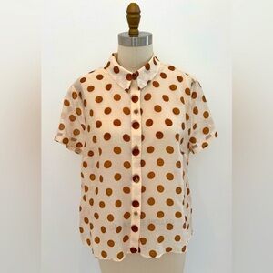 CAbi Classic Collared S/S Shirt Sheer Cream Rust Polka Dots Button Front M